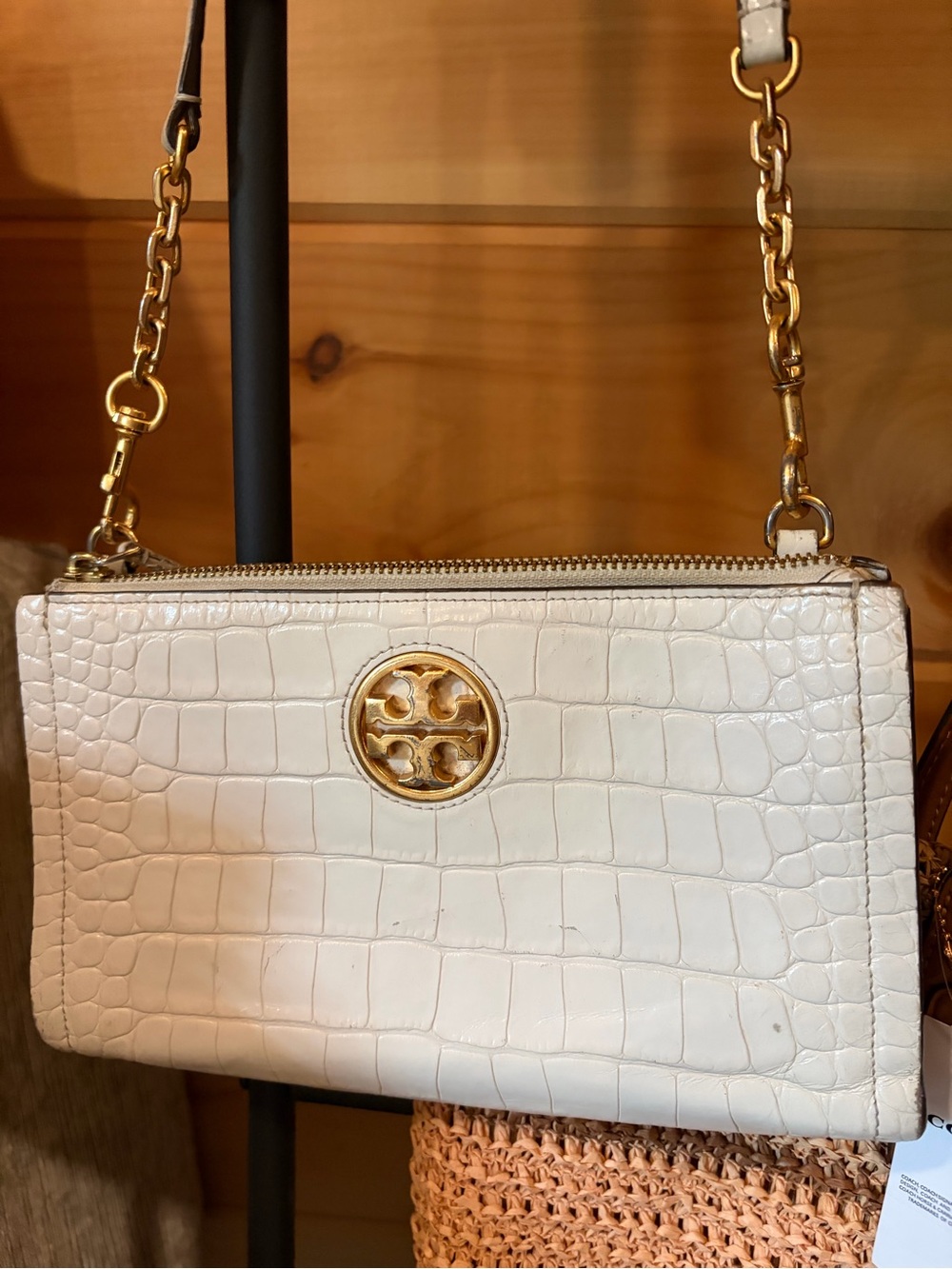 Tory Burch Cream Croc-Embossed Leather Crossbody with Gold Logo